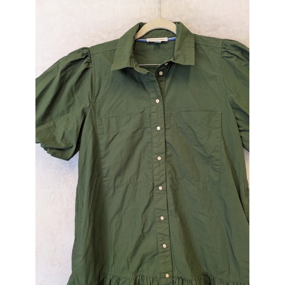 Free Assembly Womens XS Olive Green Short Puff Sleeve Tiered Button Front‎ Dress - Picture 2 of 10